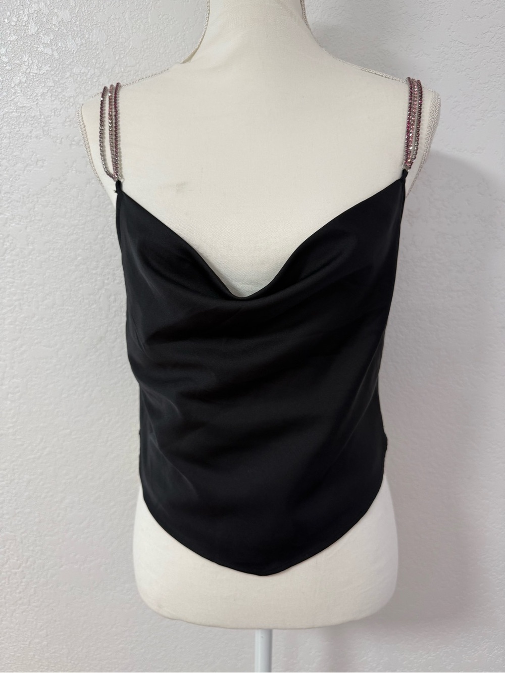 RACHEL ZOE Black Satin Cowl Neck Rhinestone Strap Cami Tank Top Womens S